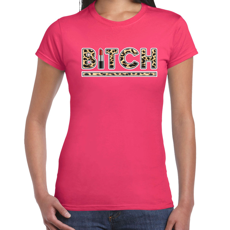 Fout Bitch lipstick t-shirt met panter print roze voor dames