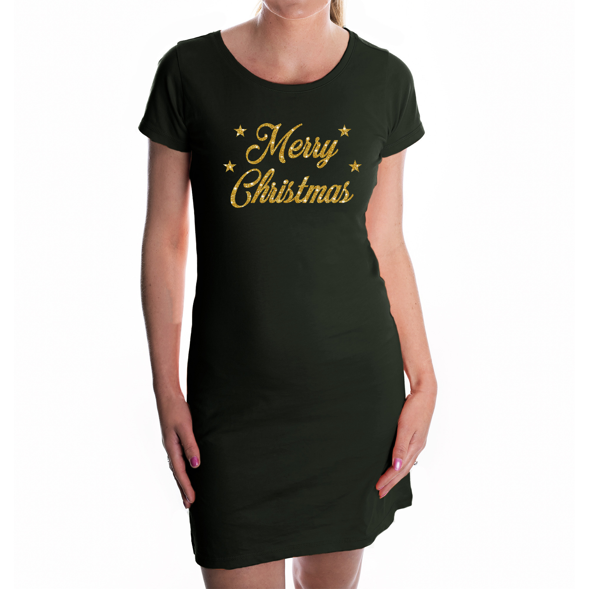 Fout kerst jurkje Merry Christmas glitter goud op zwart voor dames Kerst kleding-outfit