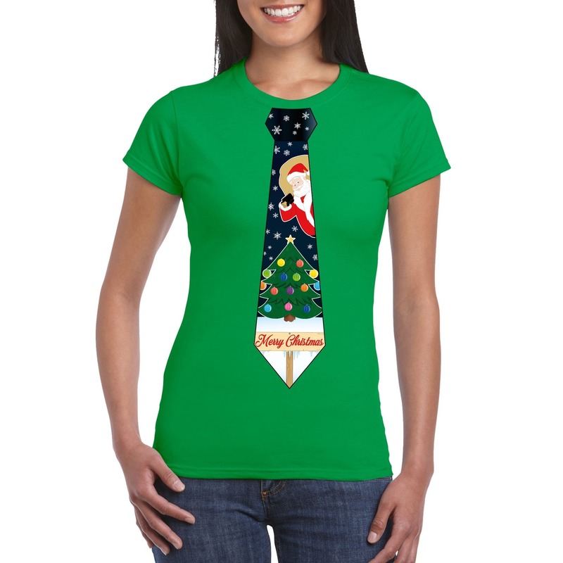Fout Kerst shirt groen kerstboom stropdas voor dames