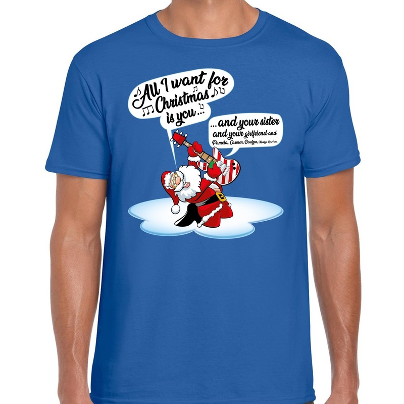 Fout kerstborrel shirt-Fout Kerst t-shirt met zingende kerstman en gitaar blauw voor heren