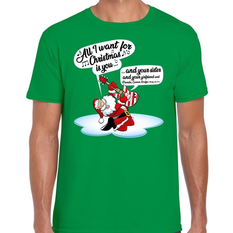 Fout kerstborrel shirt-Fout Kerst t-shirt met zingende kerstman en gitaar groen voor heren