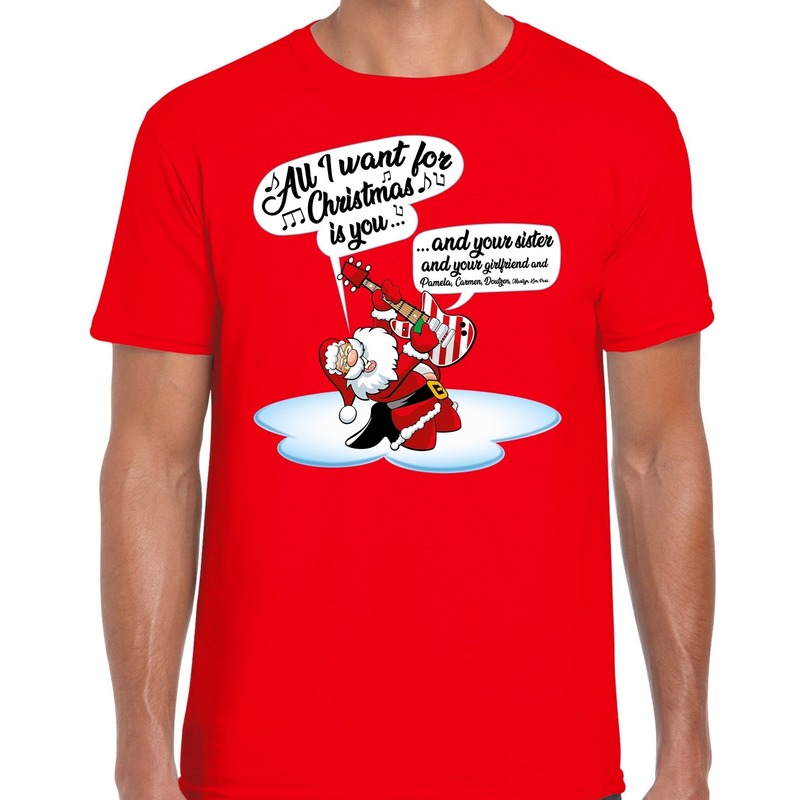 Fout kerstborrel shirt-Fout Kerst t-shirt met zingende kerstman en gitaar rood voor heren