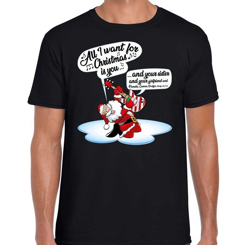 Fout kerstborrel shirt-Fout Kerst t-shirt met zingende kerstman en gitaar zwart voor heren