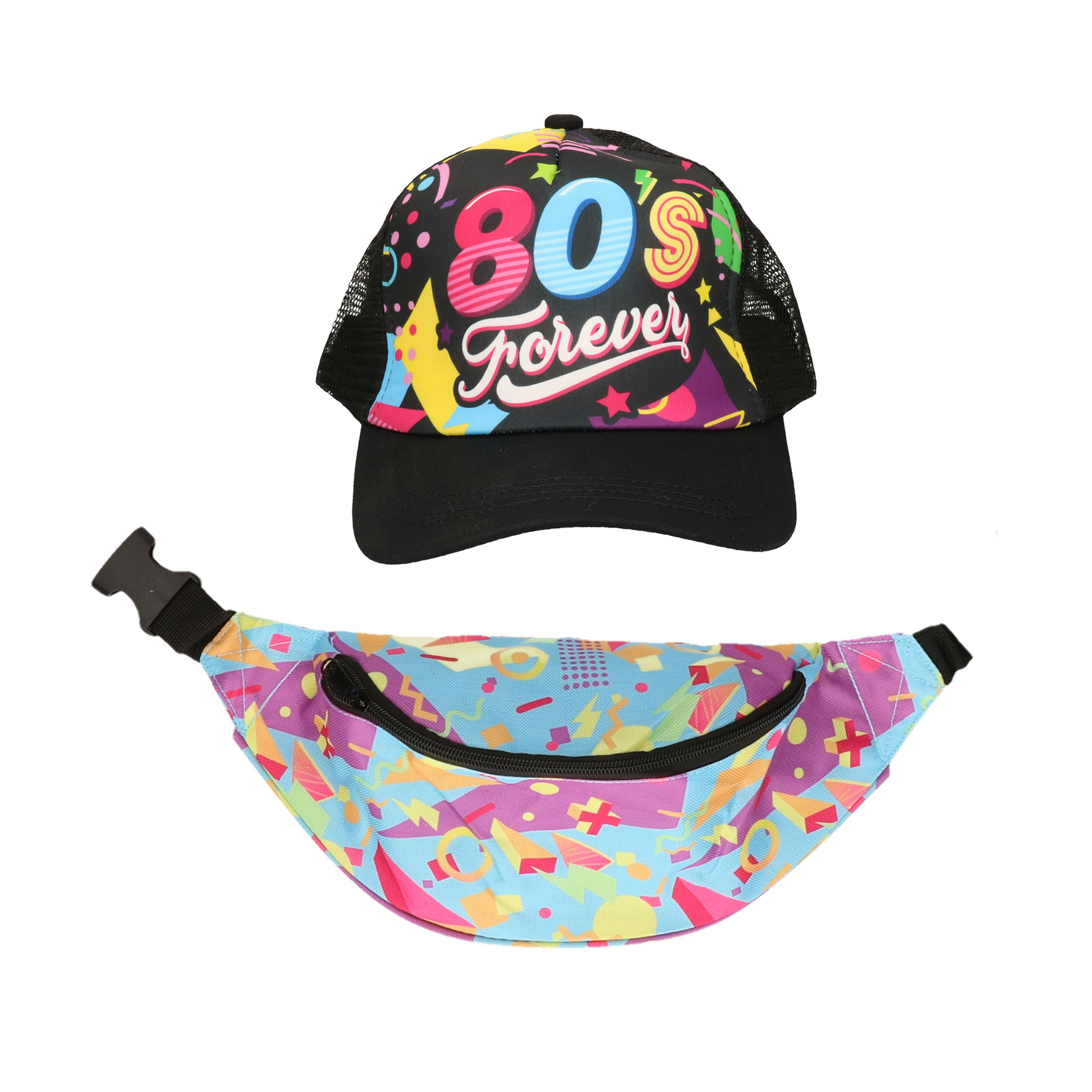 Foute 80s-90s party verkleed set pet en heuptasje dames jaren 80-90 verkleed accessoires