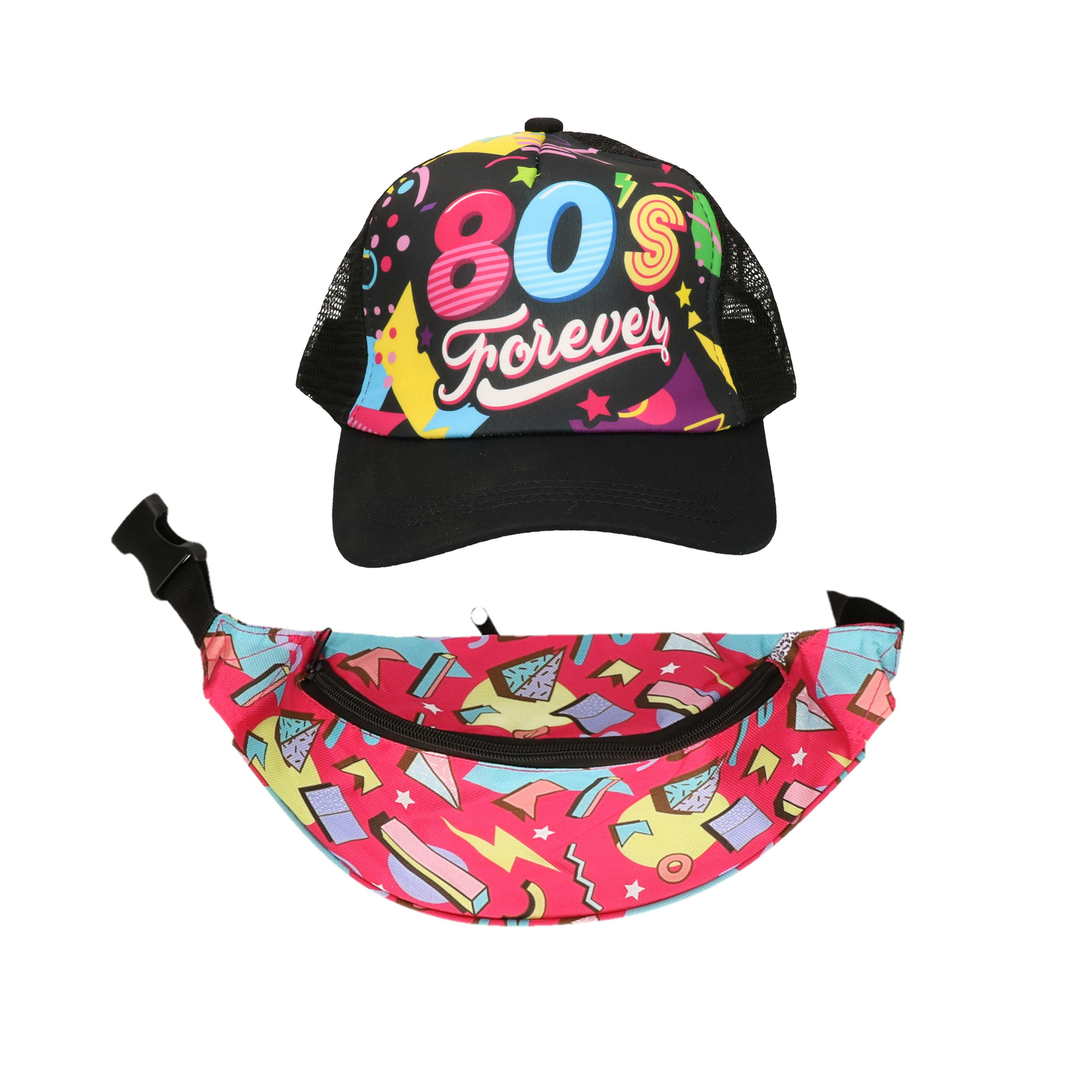 Foute 80s-90s party verkleed set pet en heuptasje dames jaren 80-90 verkleed accessoires