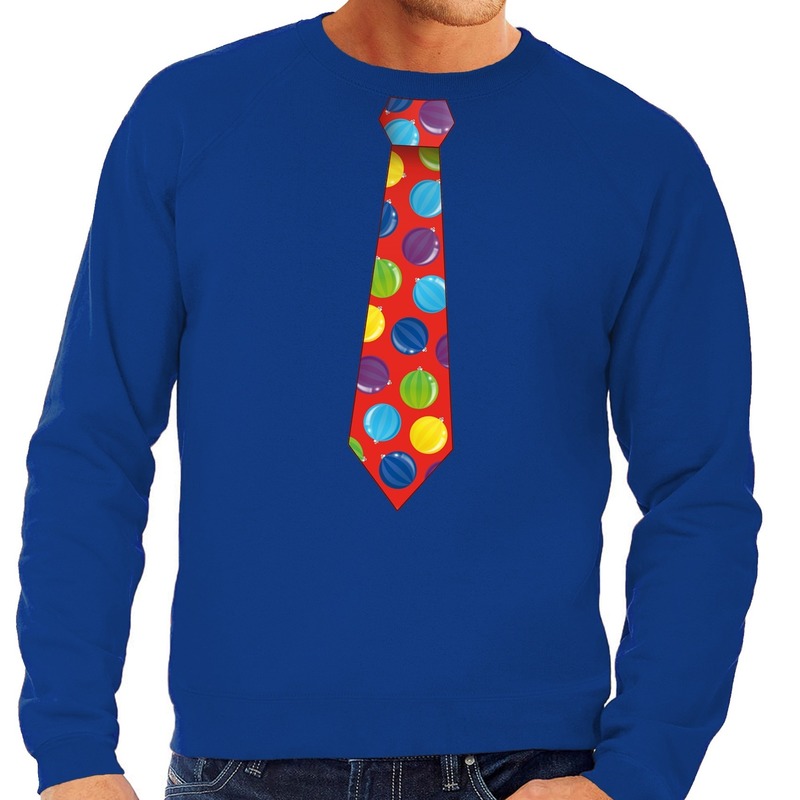 Foute kerst sweater met kerstballen stropdas blauw voor heren