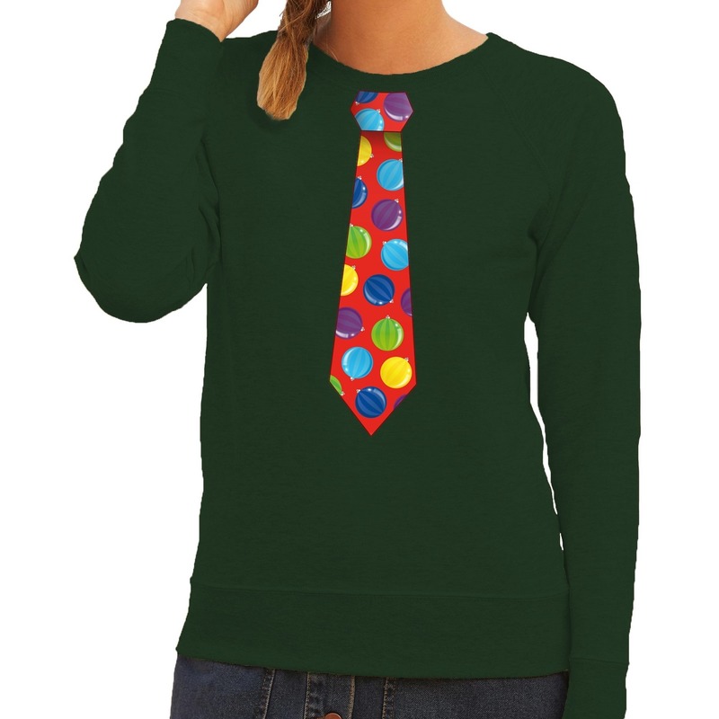 Foute kerst sweater met kerstballen stropdas groen voor dames