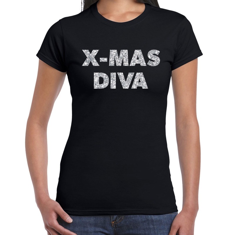 Foute kerstborrel t-shirt-kerstshirt x-mas diva glitter zilver op zwart dames