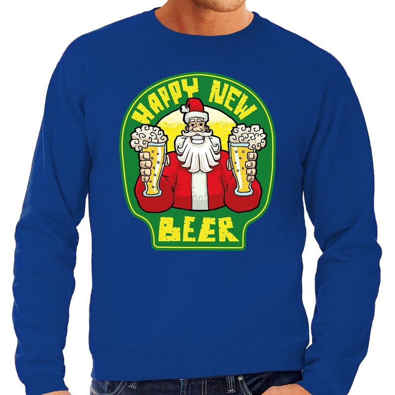 Foute oud en nieuw trui-kersttrui happy new beer-bier blauw voor heren