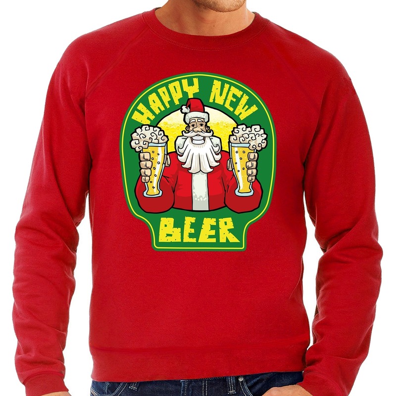 Foute oud en nieuw trui-kersttrui happy new beer-bier rood voor heren