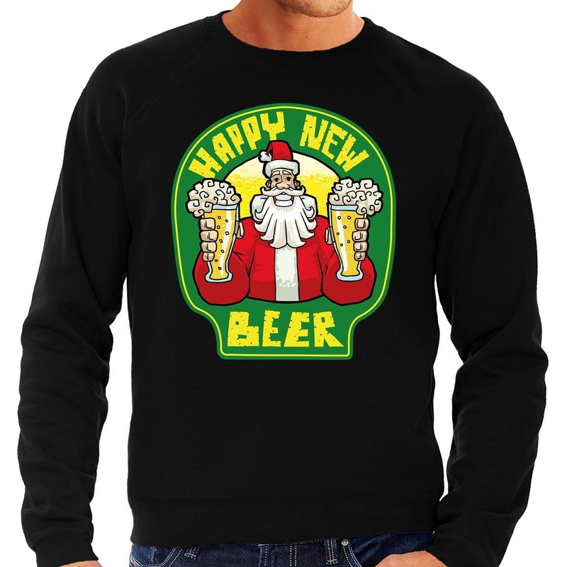 Foute oud en nieuw trui-kersttrui happy new beer-bier zwart voor heren
