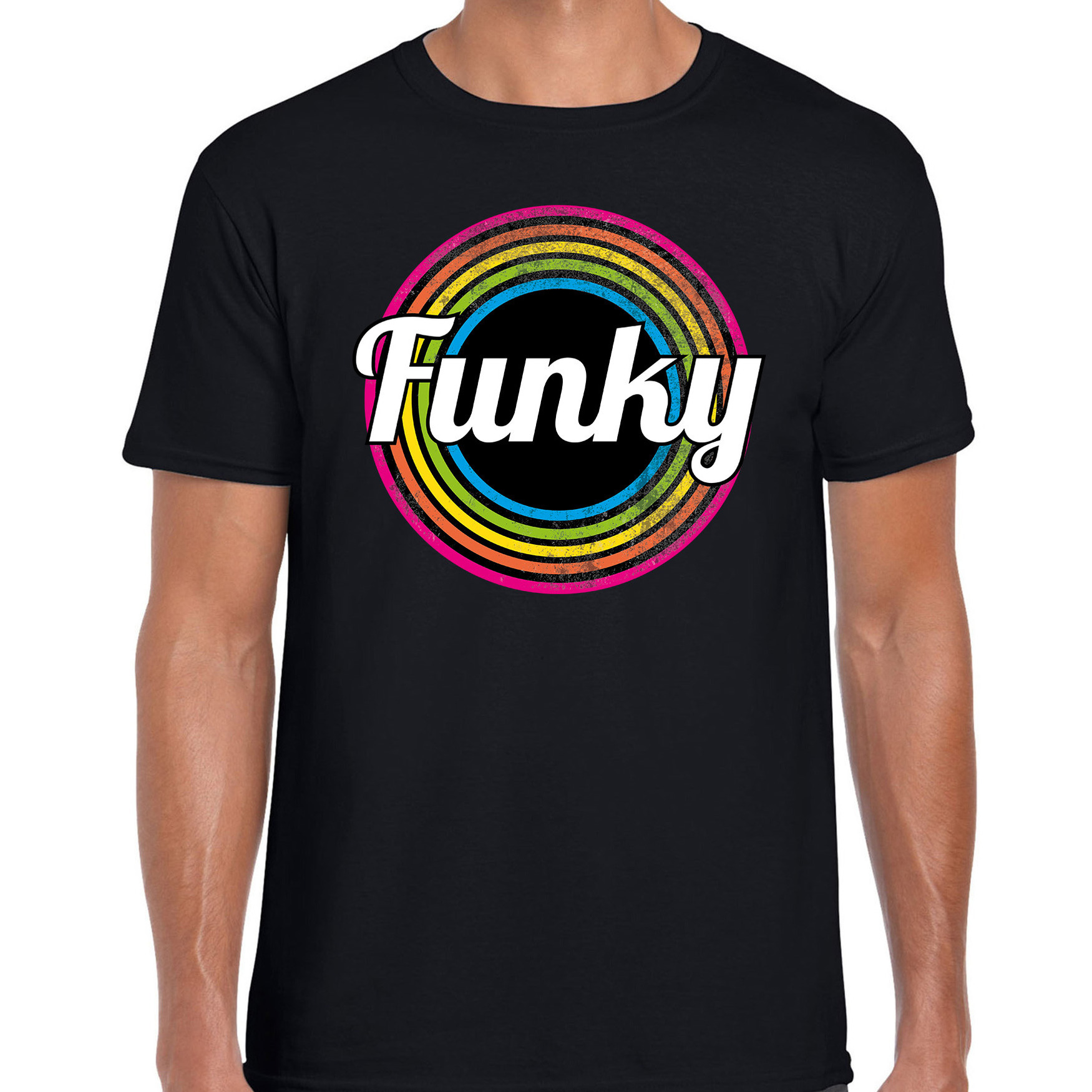 Funky verkleed t-shirt zwart voor heren 70s, 80s party verkleed outfit
