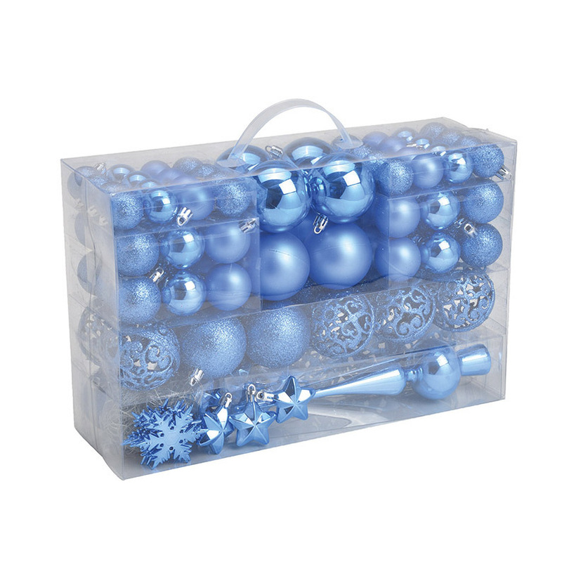 G. Wurm kerstballen en piek 111-delig 3, 4, 6 cm -blauw -kunststof