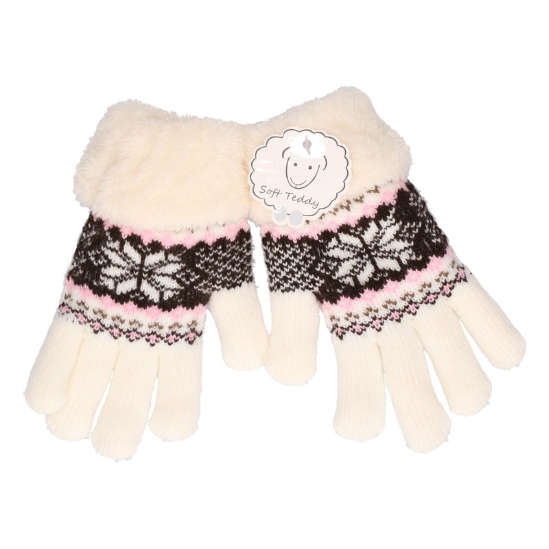 Gebreide handschoenen creme wit met sneeuwster en nep bont voor meisjes-kinderen