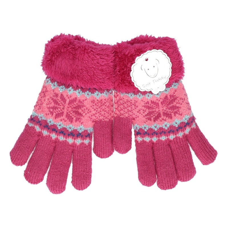 Gebreide handschoenen fuchsia roze met sneeuwster en nep bont voor meisjes-kinderen