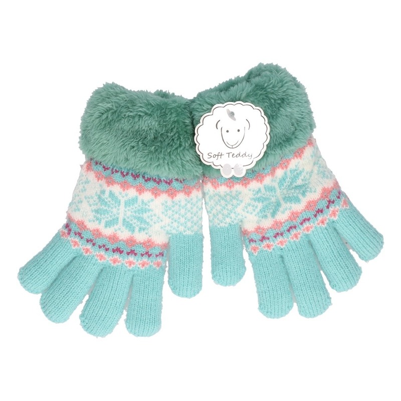 Gebreide handschoenen mint groen met sneeuwster en nep bont voor meisjes-kinderen