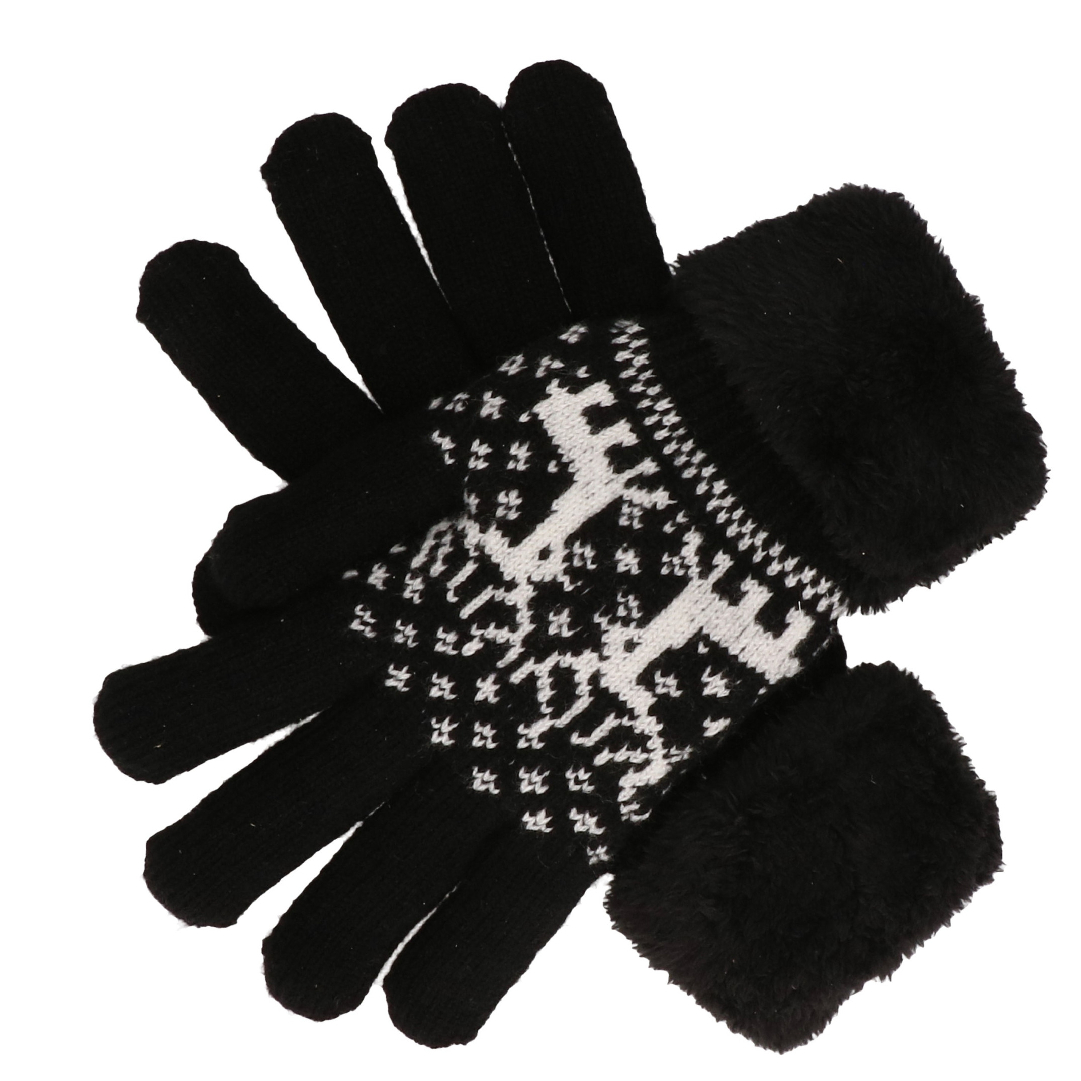 Gebreide handschoenen zwart met Noors patroon en nep bont voor dames