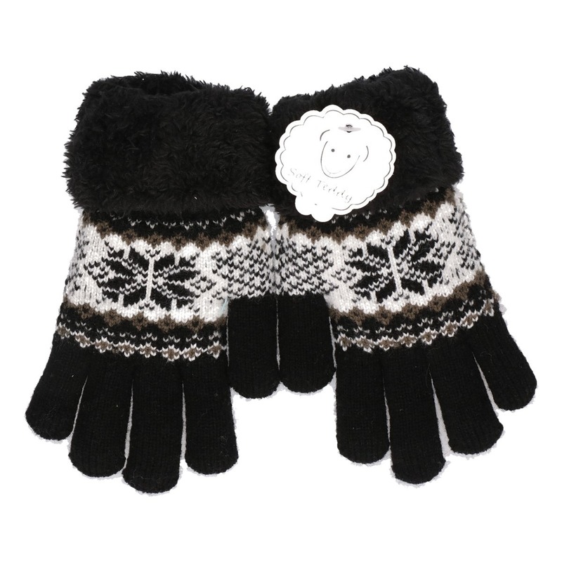 Gebreide handschoenen zwart met sneeuwster en nep bont voor meisjes-kinderen