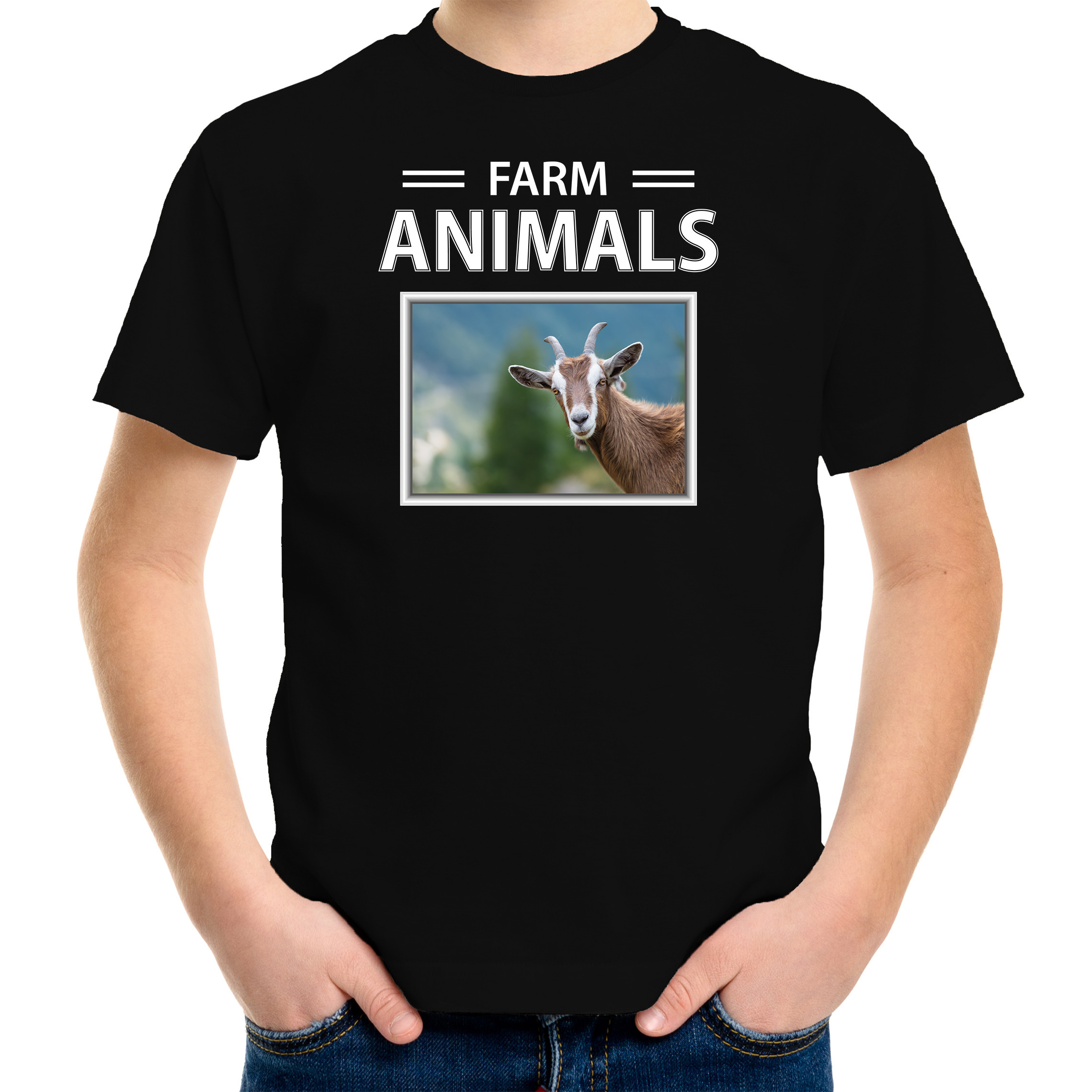 Geit foto t-shirt zwart voor kinderen farm animals cadeau shirt Geiten liefhebber