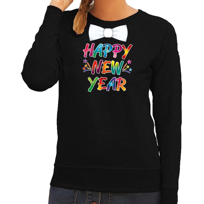 Gekleurde happy new year met strikje sweater-trui zwart voor dames