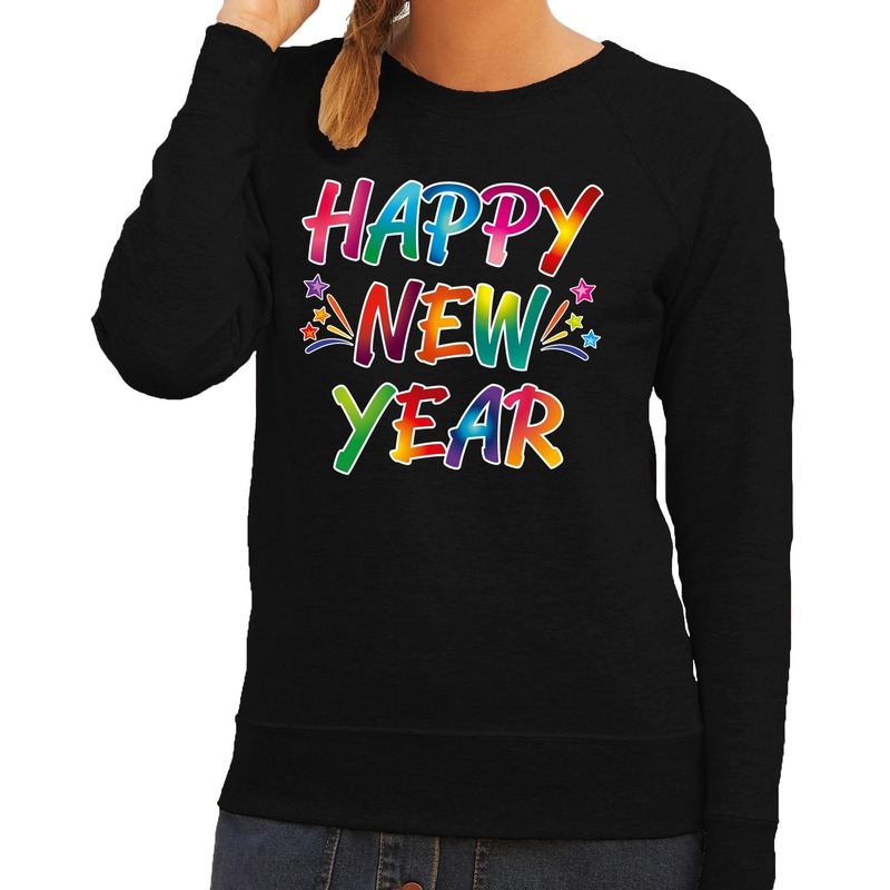 Gekleurde happy new year sweater-trui zwart voor dames