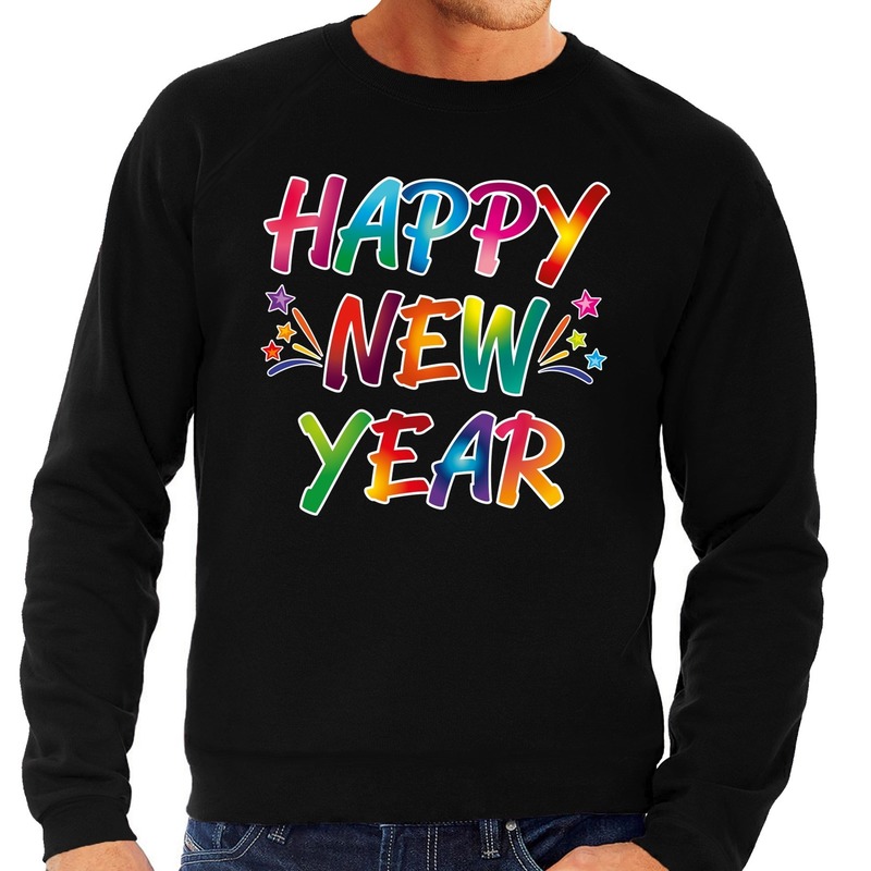 Gekleurde happy new year sweater-trui zwart voor heren