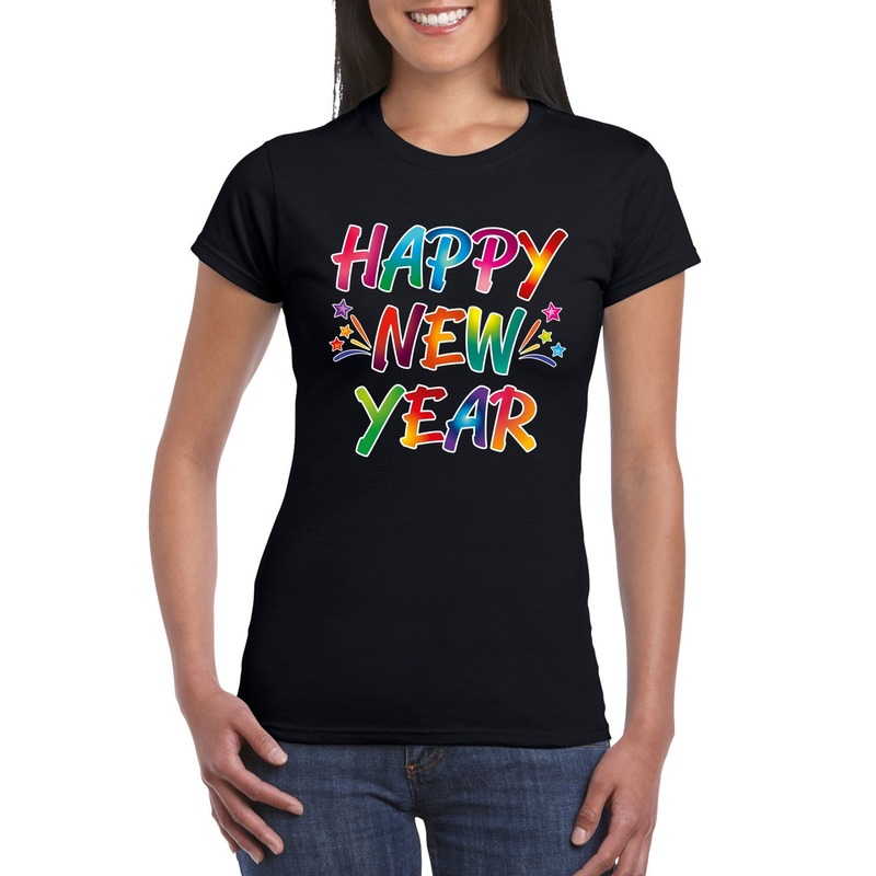 Gekleurde happy new year t-shirt zwart voor dames