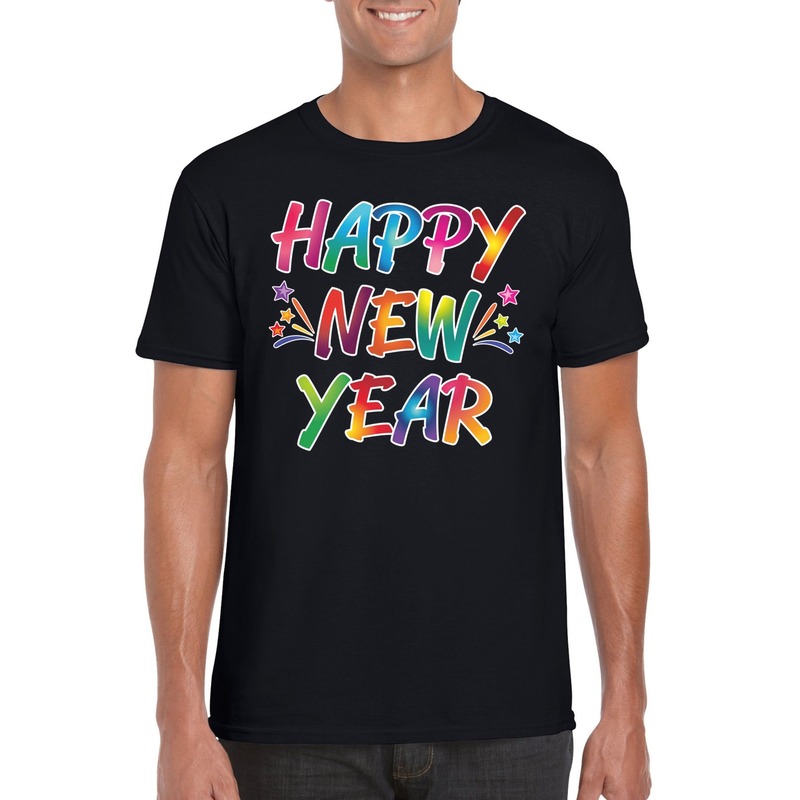 Gekleurde happy new year t-shirt zwart voor heren