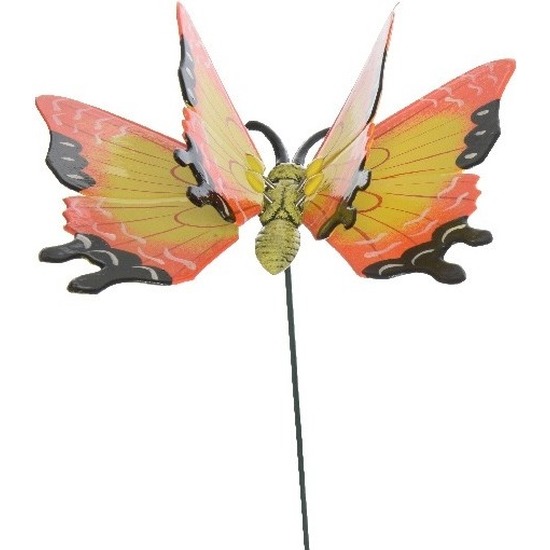 Gele-oranje metalen tuindecoratie vlinder op stok 17 x 60 cm