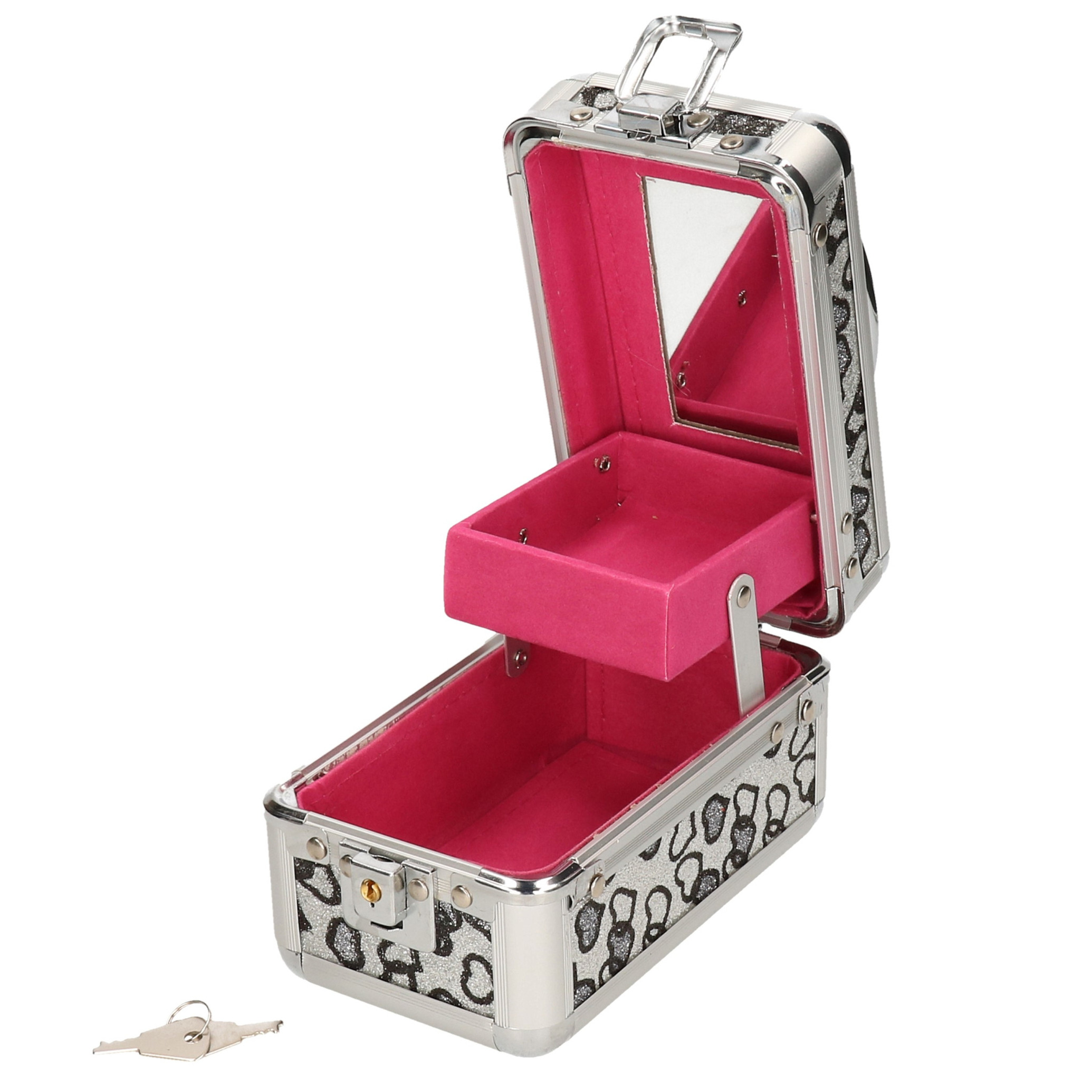 Gerim Beautycase met grijze hartjes en extra vakje aluminium 9 x 16 x 14 cm Make up koffers