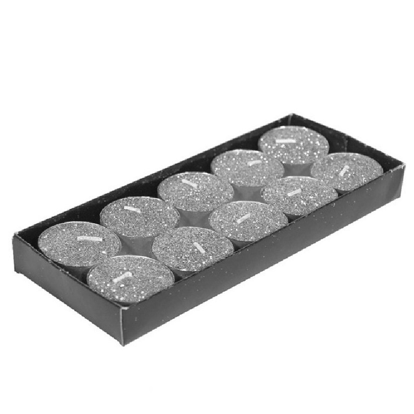 Gerim waxinelichtjes kaarsjes- 10x zilver glitters 3,5 cm