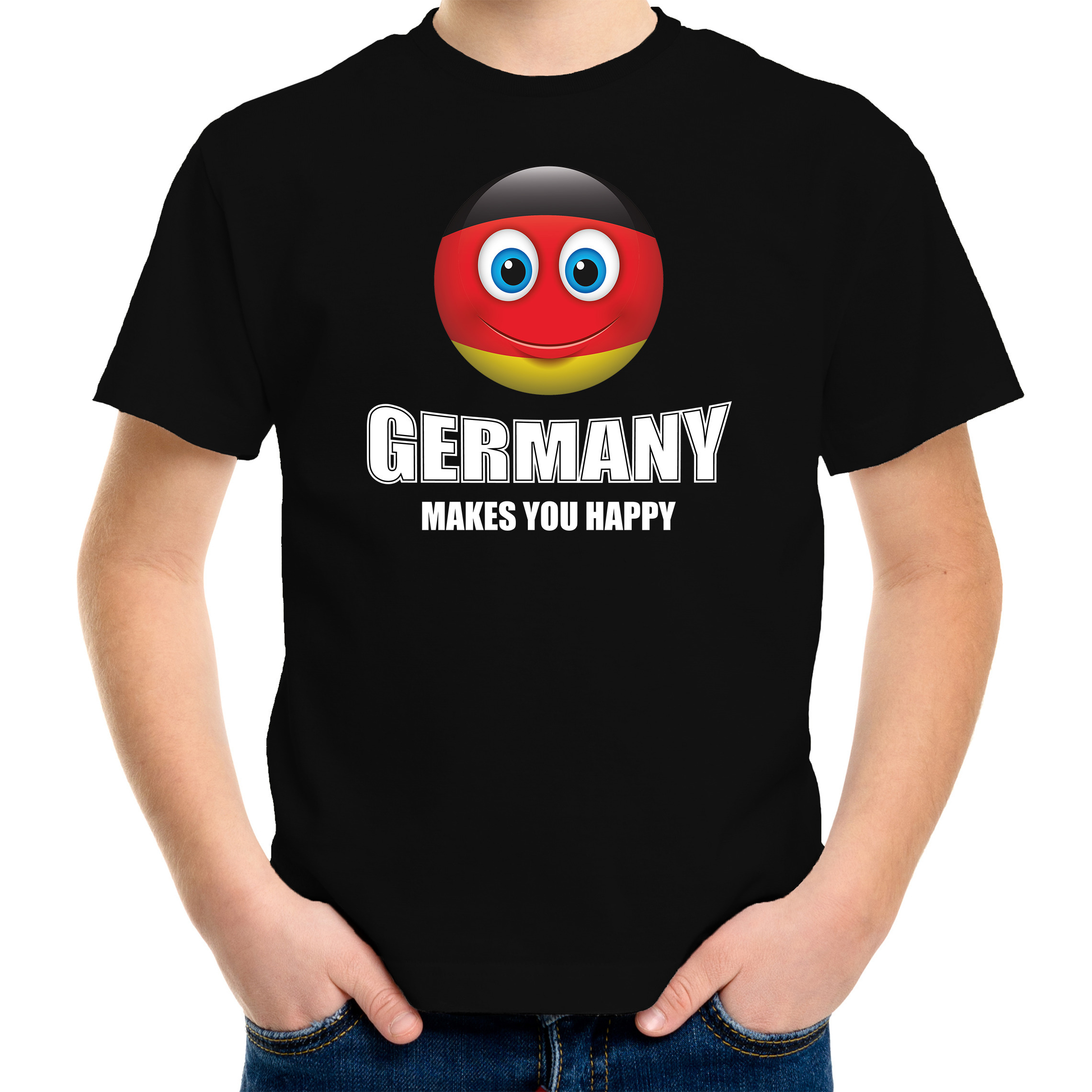 Germany makes you happy landen-vakantie shirt zwart voor kinderen met emoticon