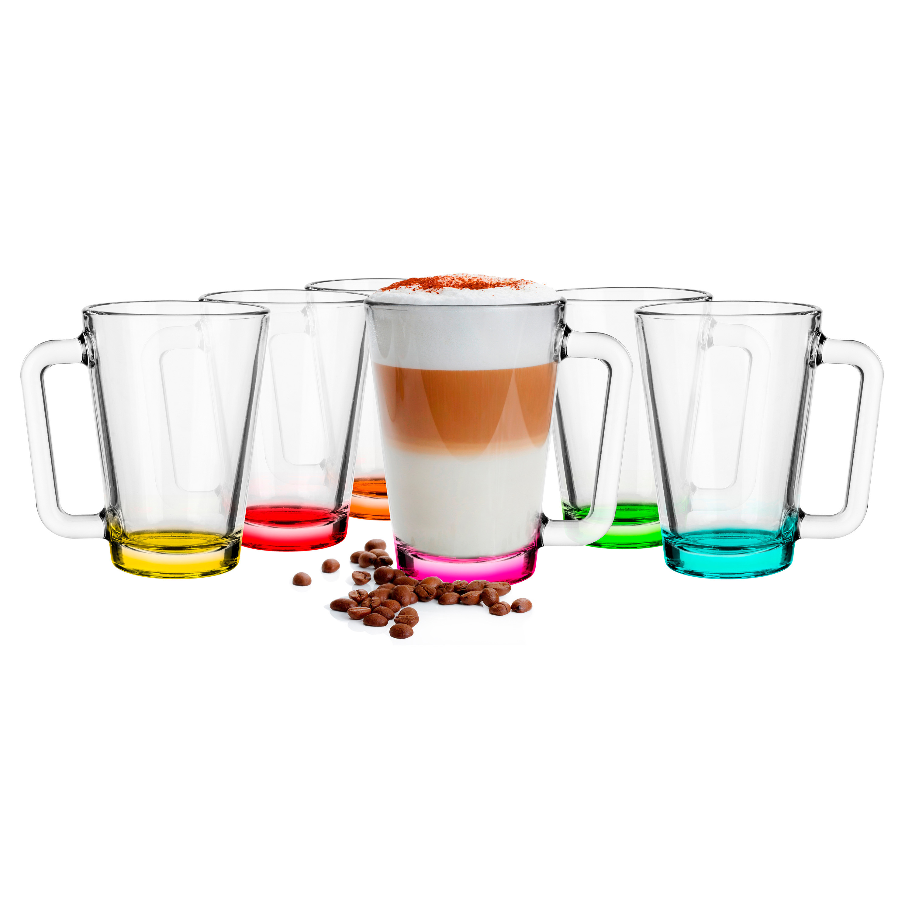 Glasmark Theeglazen-koffie glazen met gekleurde basis transparant glas 12x stuks 300 ml