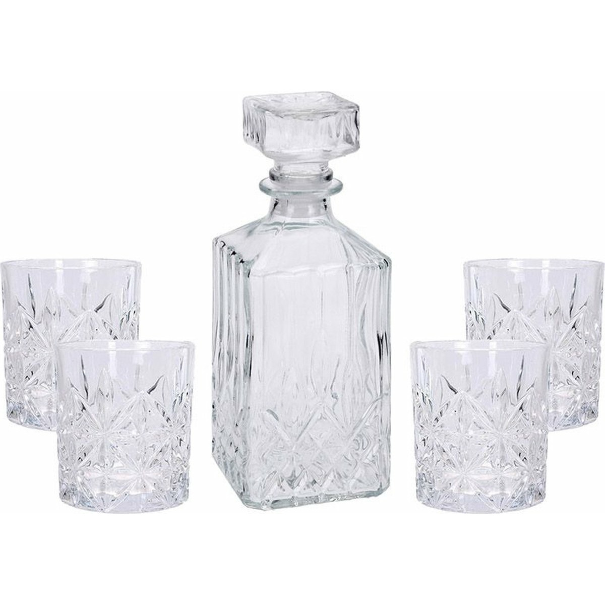 Glazen decoratie fles-karaf 900 ml met 4x glazen 230 ml voor water of likeuren