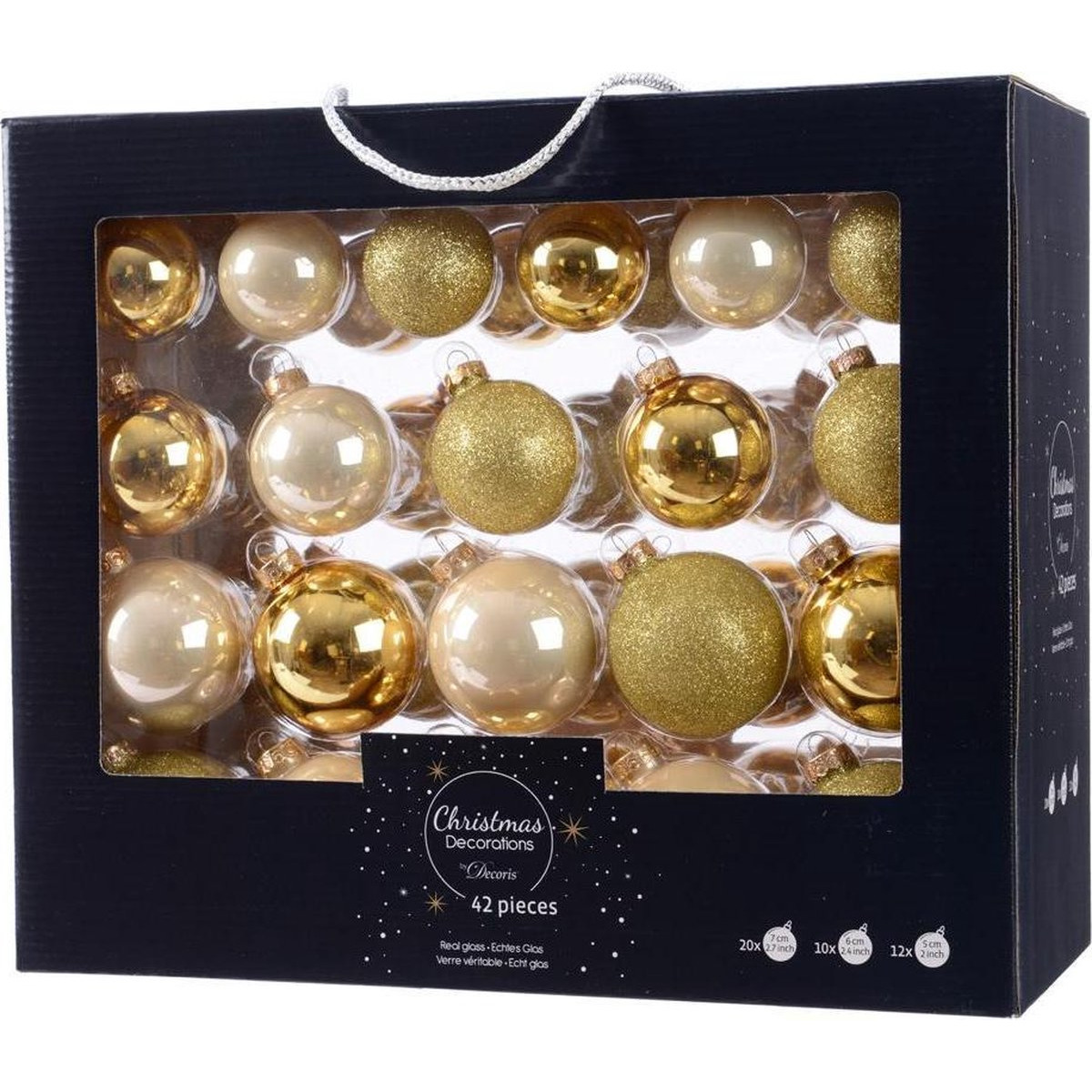 Glazen kerstballen mix goud-champagne 42 delig glimmend en glitter