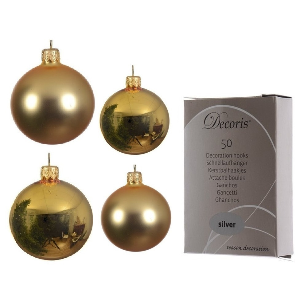 Glazen kerstballen pakket goud glans-mat 38x stuks 4 en 6 cm inclusief haakjes