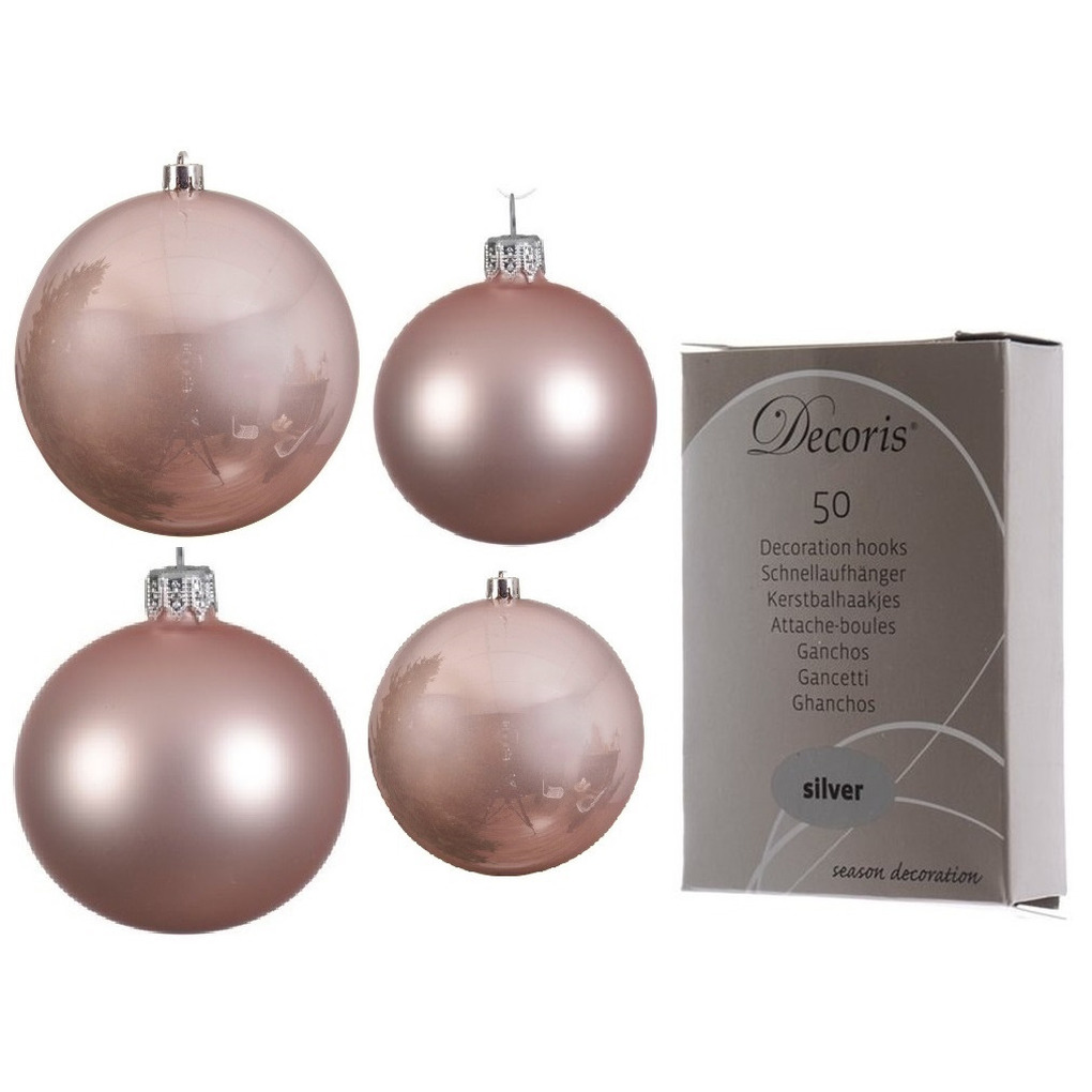 Glazen kerstballen pakket lichtroze glans-mat 38x stuks 4 en 6 cm inclusief haakjes