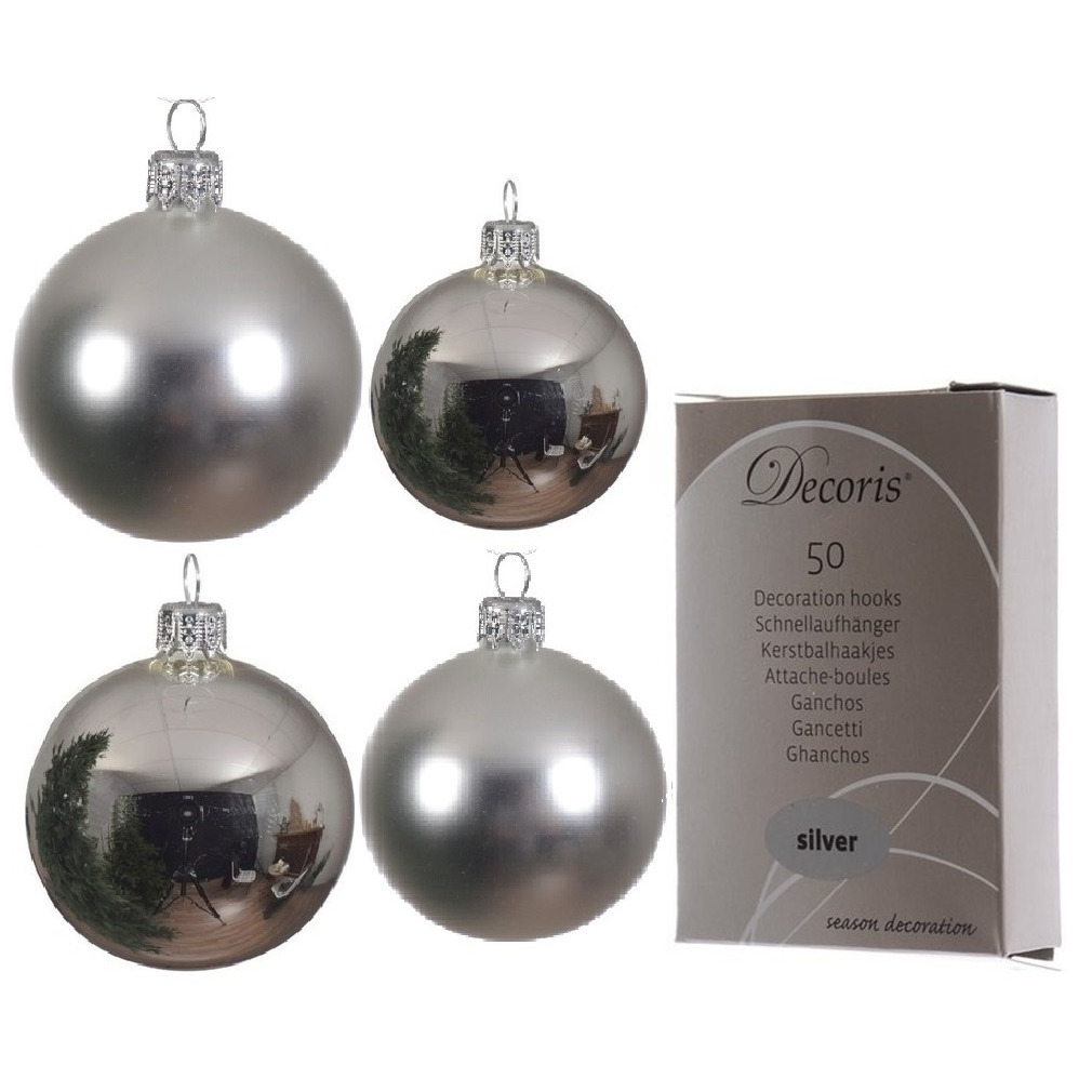 Glazen kerstballen pakket zilver glans-mat 38x stuks 4 en 6 cm inclusief haakjes