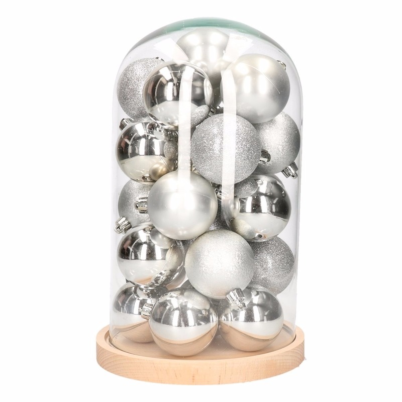 Glazen stolp met zilveren kerstballen set