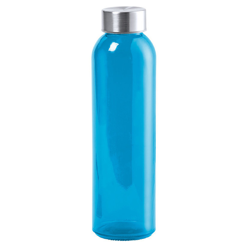 Glazen waterfles-drinkfles blauw transparant met RVS dop 500 ml