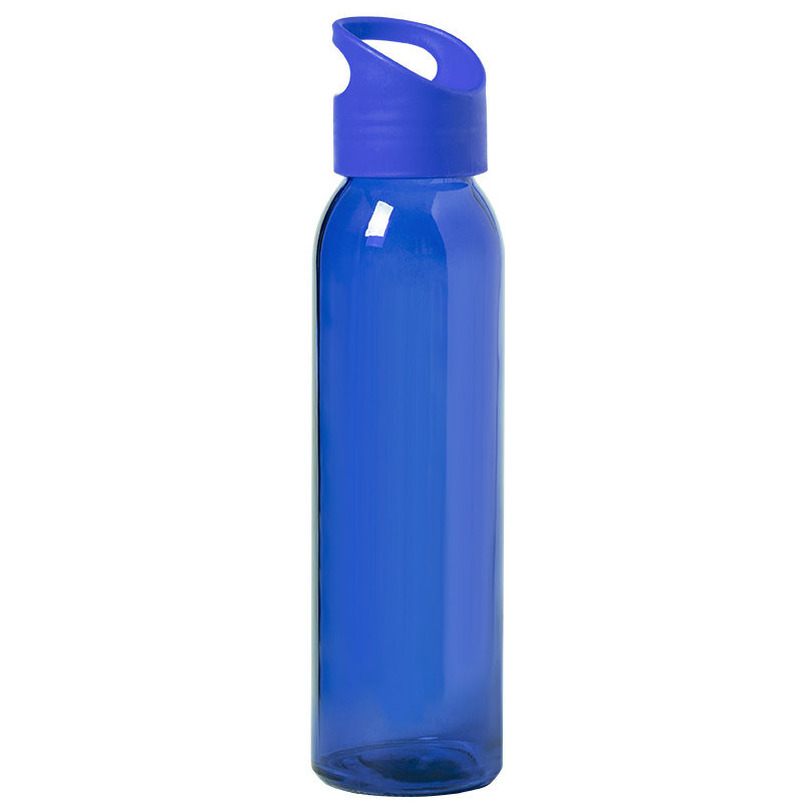 Glazen waterfles-drinkfles blauw transparant met schroefdop met handvat 470 ml