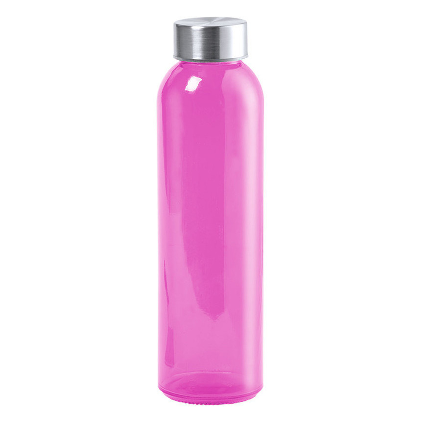 Glazen waterfles-drinkfles fuchsia roze transparant met RVS dop 500 ml
