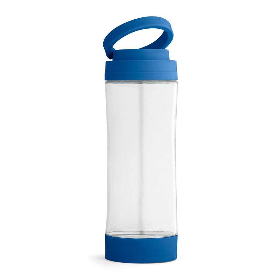 Glazen waterfles-drinkfles met blauwe kunststof schroefdop en smartphone houder 390 ml