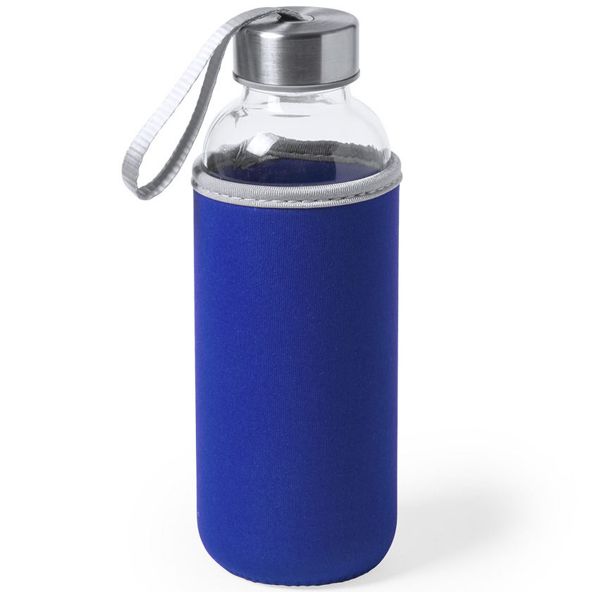 Glazen waterfles-drinkfles met blauwe softshell bescherm hoes 420 ml