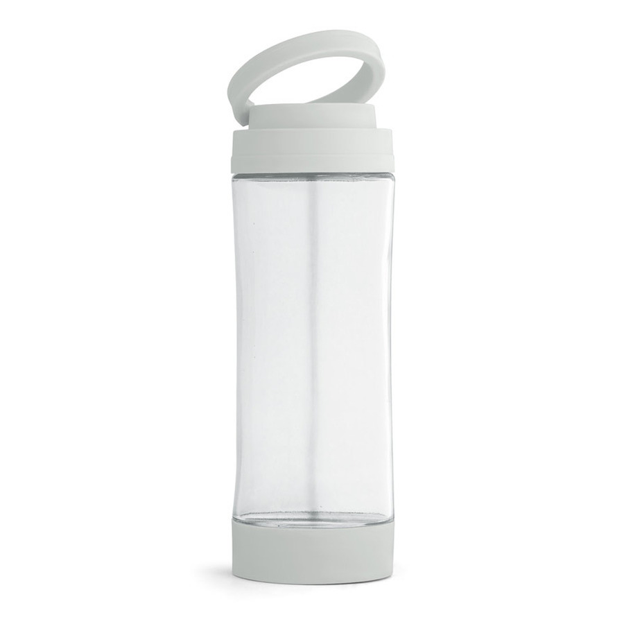 Glazen waterfles-drinkfles met licht grijze kunststof schroefdop en smartphone houder 390 ml