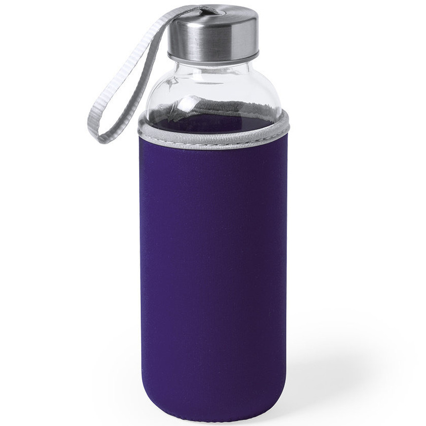 Glazen waterfles-drinkfles met paarse softshell bescherm hoes 420 ml