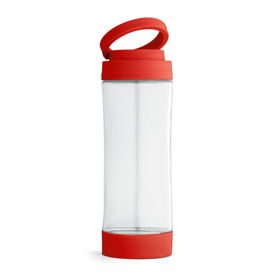 Glazen waterfles-drinkfles met rode kunststof schroefdop en smartphone houder 390 ml