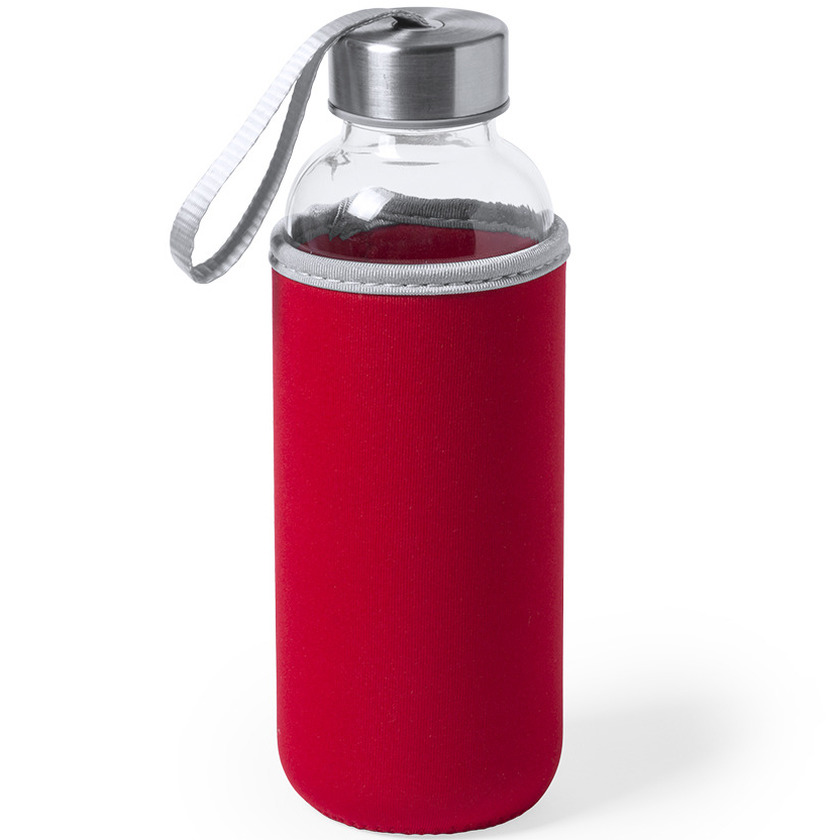 Glazen waterfles-drinkfles met rode softshell bescherm hoes 420 ml