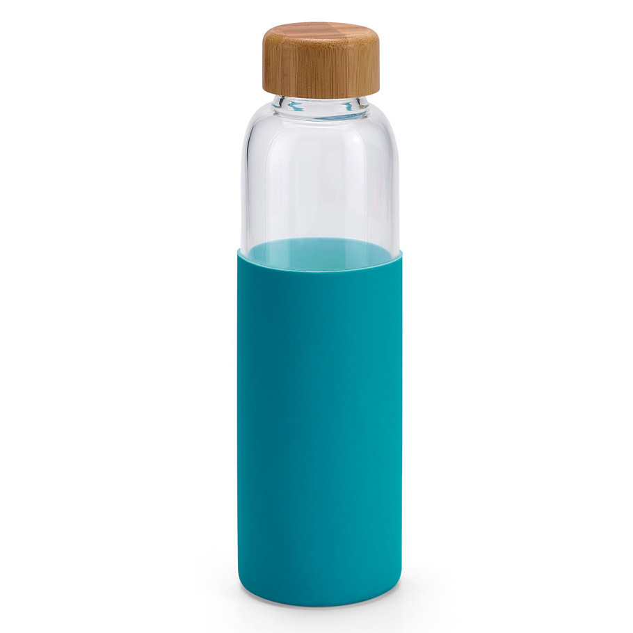 Glazen waterfles-drinkfles met turquoise blauwe siliconen bescherm hoes 600 ml