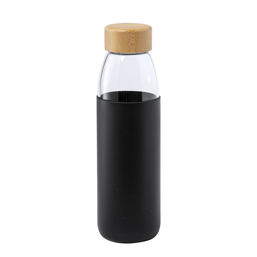 Glazen waterfles-drinkfles met zwarte siliconen bescherm hoes 540 ml